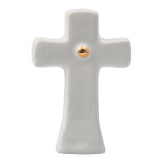 Croce ceramica bianca oro | Bomboniera battesimo (8cm)