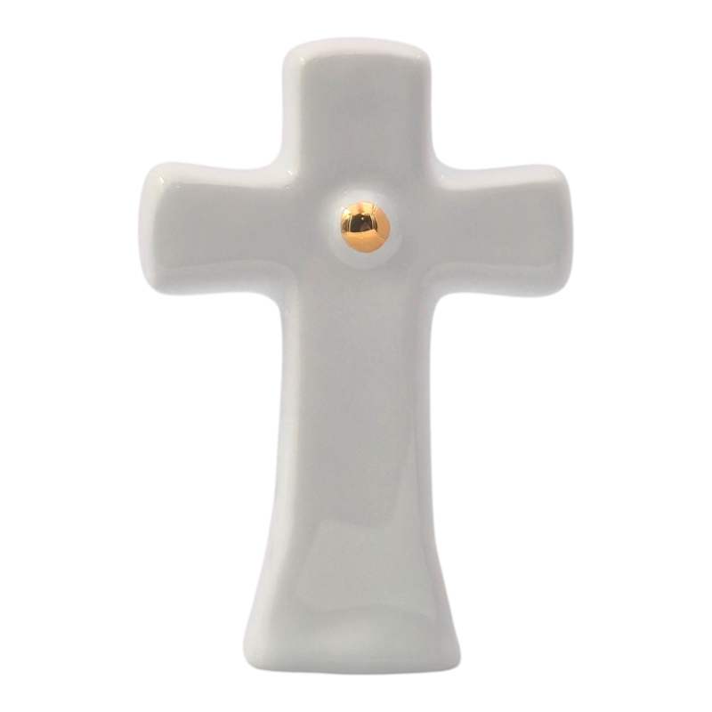 Croce bianca con dettaglio oro in ceramica – Linea Baby Soft (8cm)