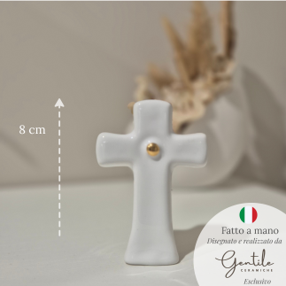 Croce bianca con dettaglio oro in ceramica – Linea Baby Soft (8cm)