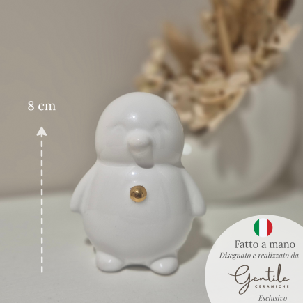 Pinguino bianco con dettaglio oro in ceramica – Linea Baby Soft (8cm)